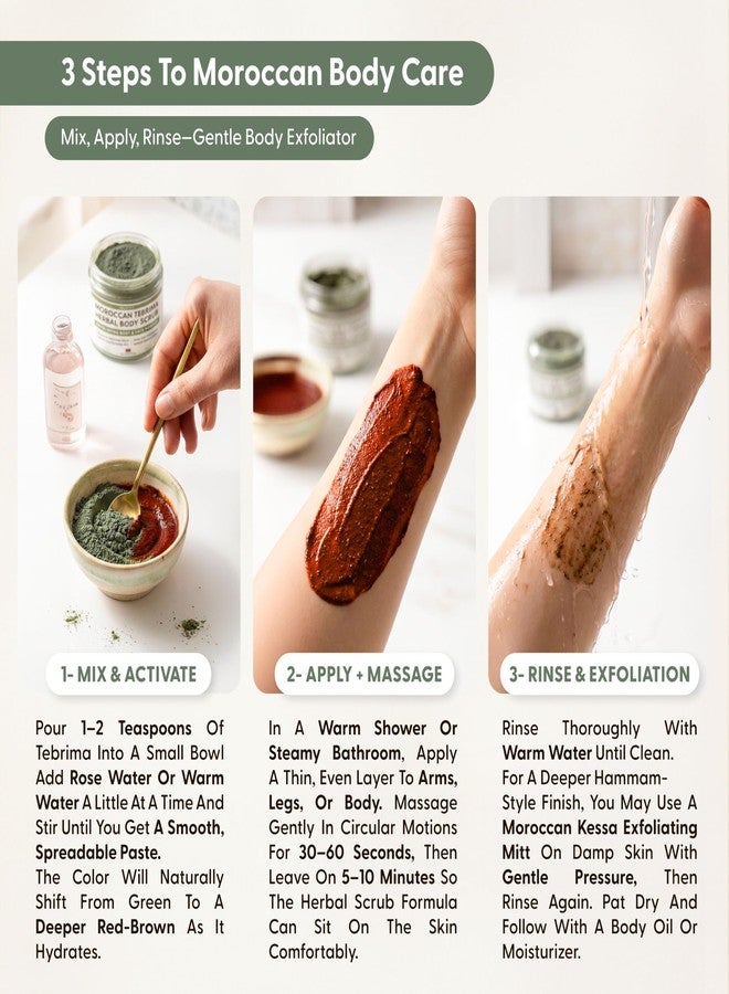 Argaviva Moroccan Tebrima Herbal Exfoliating Body Scrub Powder | Natural Body Exfoliator for Women & Men, Gentle Bikini Exfoliating Scrub with Nila, Henna, Rose & White Clay for Smooth, Glowing Skin - Image 5